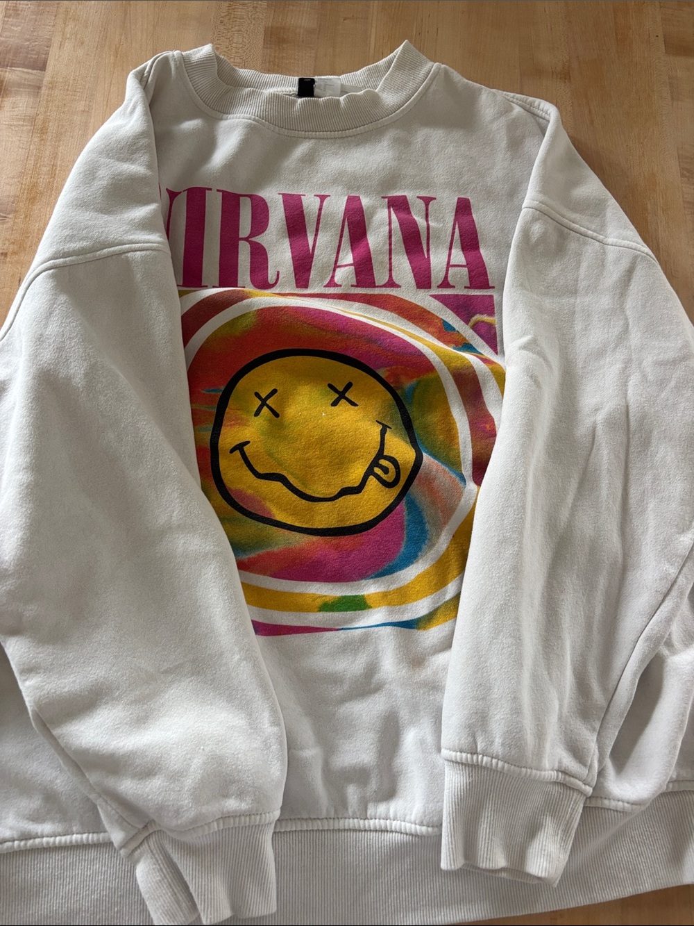 NIRVANA White Crewneck Sweatshirt with Pink Logo and Multicolor Smiley